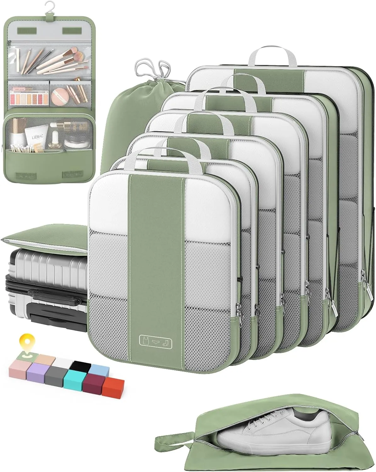 10 Set Compression Packing Cubes for Travel Essentials,Compressible Expandable Packing Cubes for Suitcase,OlarHike Luggage Organizer Bags for Travel,Handy Helper for Organizing Clothes(Matcha Green)
