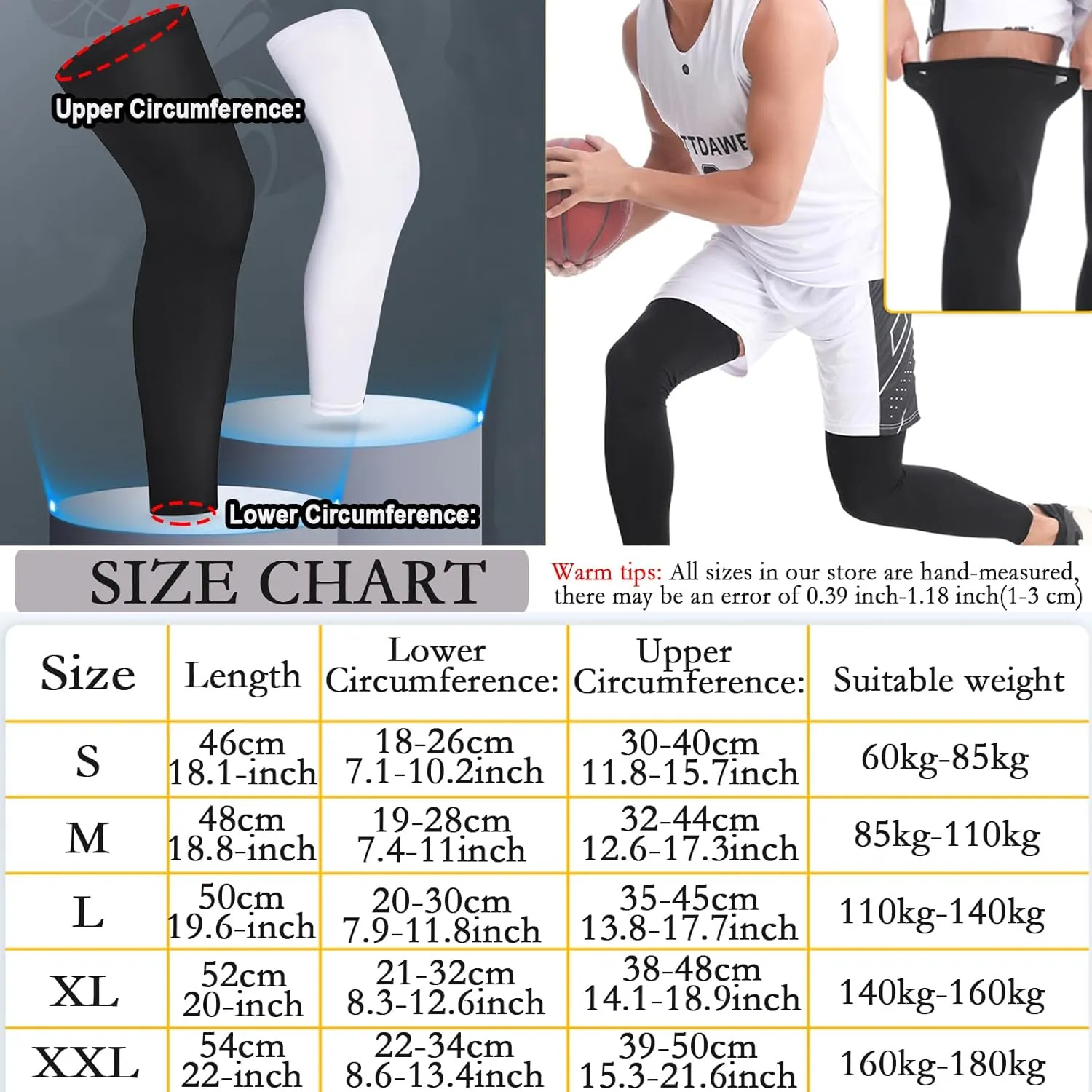 2 Pairs Leg Sleeves,Full Leg Compression Sleeve for Men Women,Long Knee Sleeve with Anti-slip Silicone Strips
