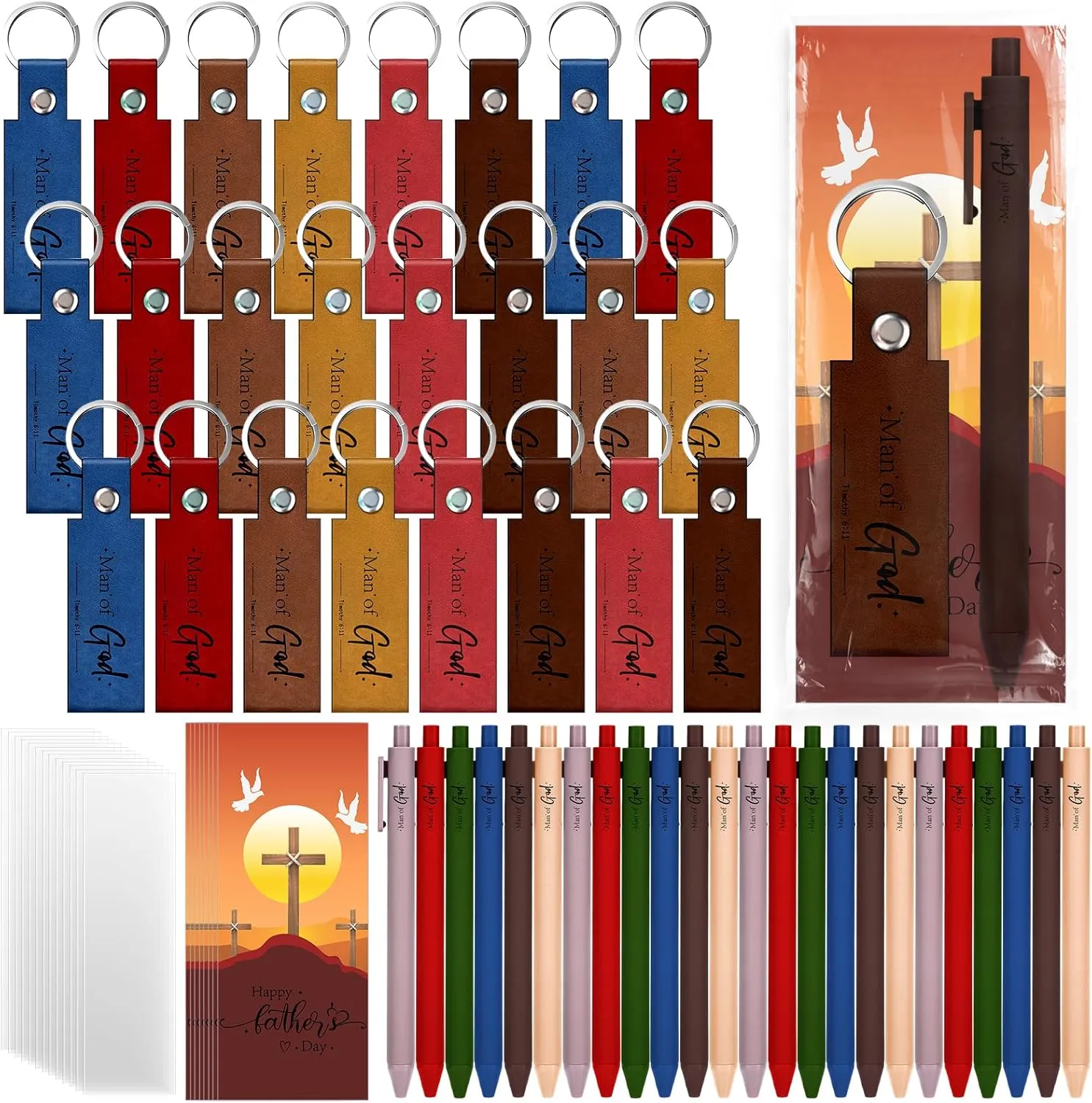 24 Sets Father Day Gifts Bulk for Church Bible Verse Pen Man of God Bible Verse Keychains with Cards Organza Bag for Father's Day Men Christian Church Baptism Gifts