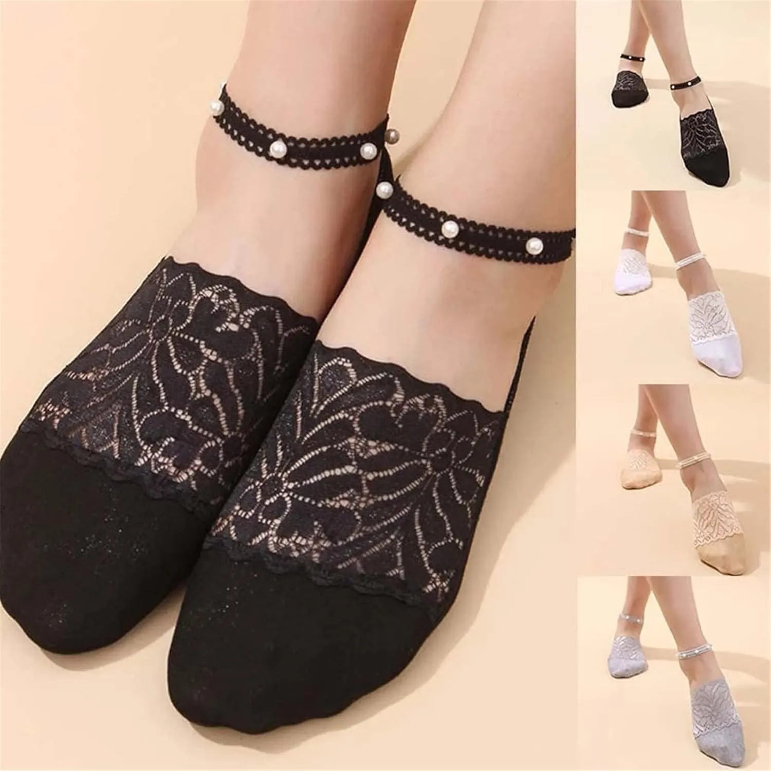 4 Pair Pearl Lace Socks for Women, Crystal Tulle Pearl Summer Socks