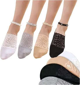 4 Pair Pearl Lace Socks for Women, Crystal Tulle Pearl Summer Socks