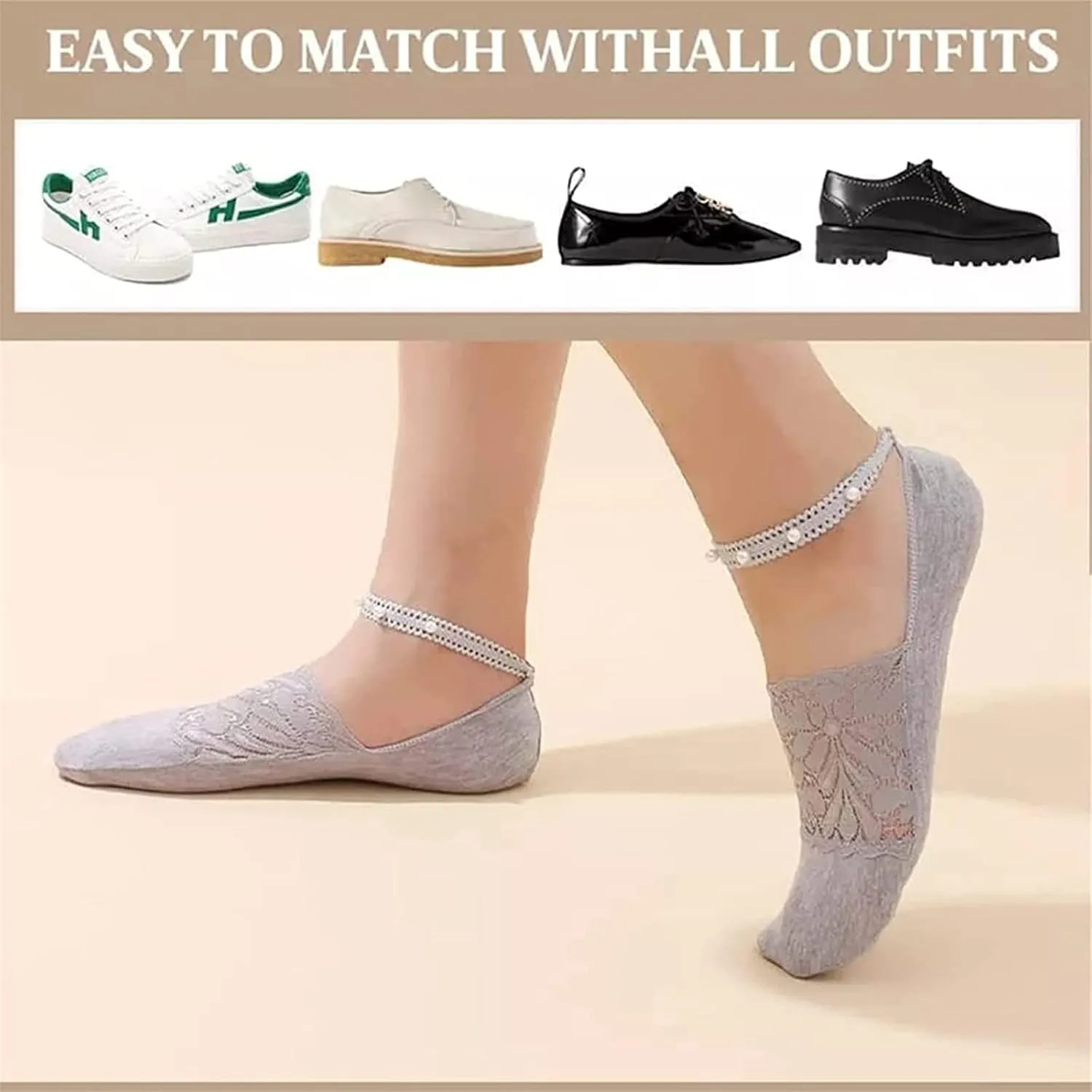 4 Pair Pearl Lace Socks for Women, Crystal Tulle Pearl Summer Socks