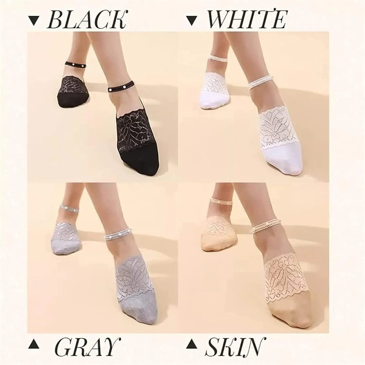 4 Pair Pearl Lace Socks for Women, Crystal Tulle Pearl Summer Socks