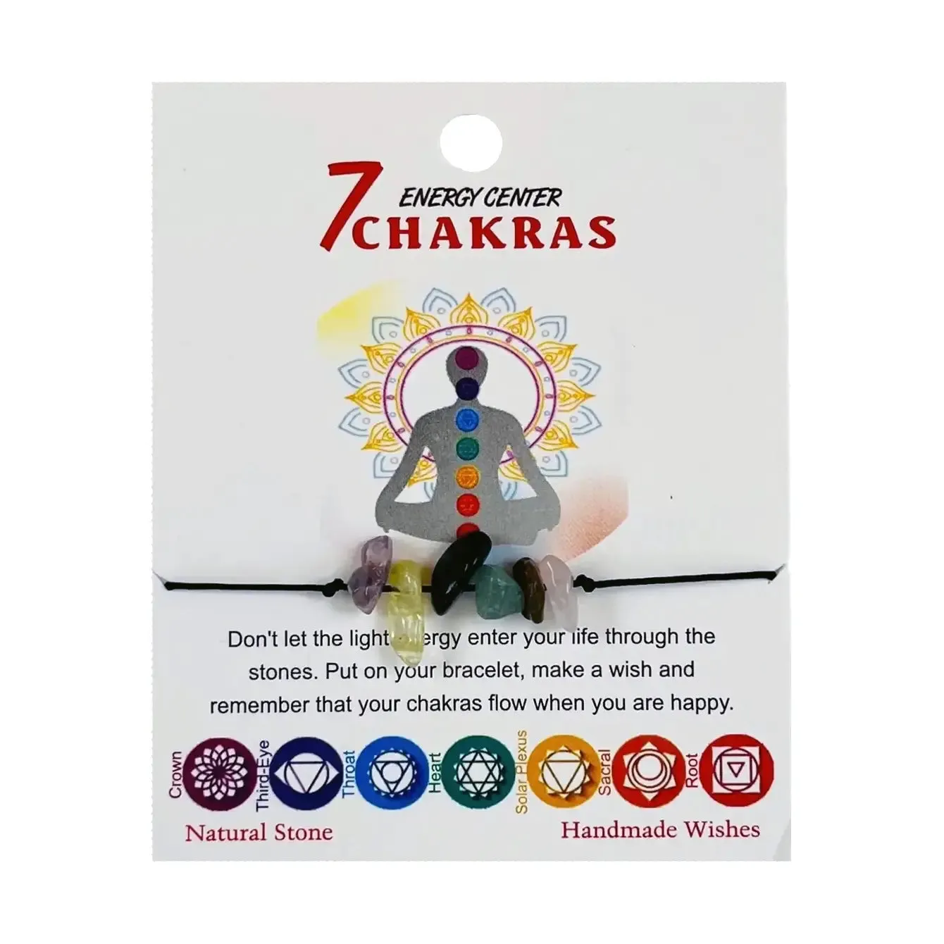 7 Chakras Black Rope Bracelet: Natural Stone, Handmade Wishes
