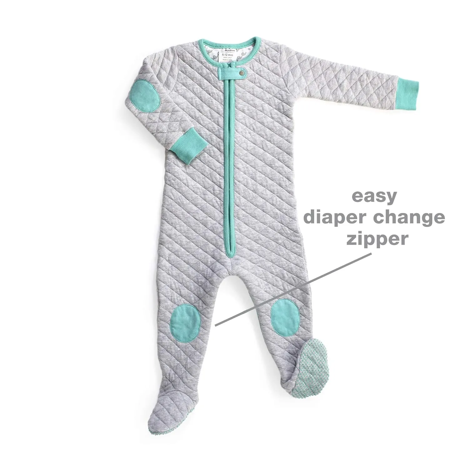 baby deedee Sleepsie Cotton Quilted Footie Pajama Heather Gray/Teal 6-12 Month