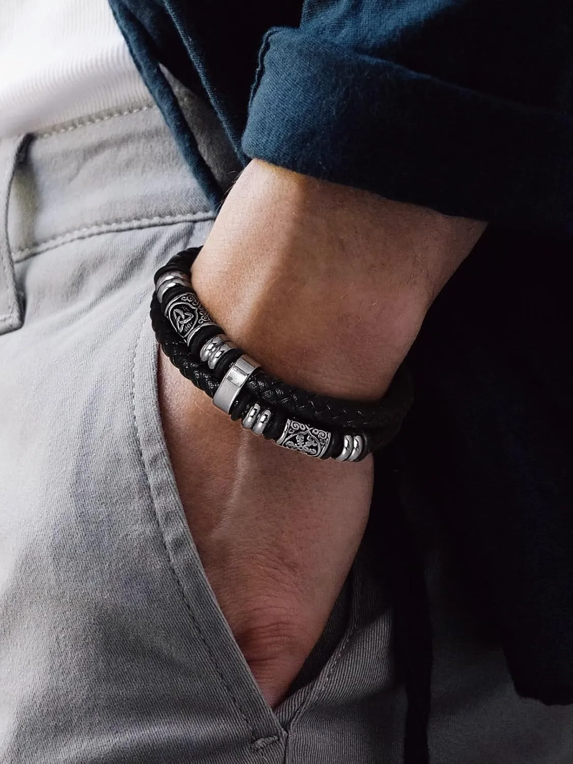 Bandmax Mens Double Row Black Braided Leather Wristband Stainless Steel Beaded Double Layer Leather Cord Wristband Bangle Gift for Men