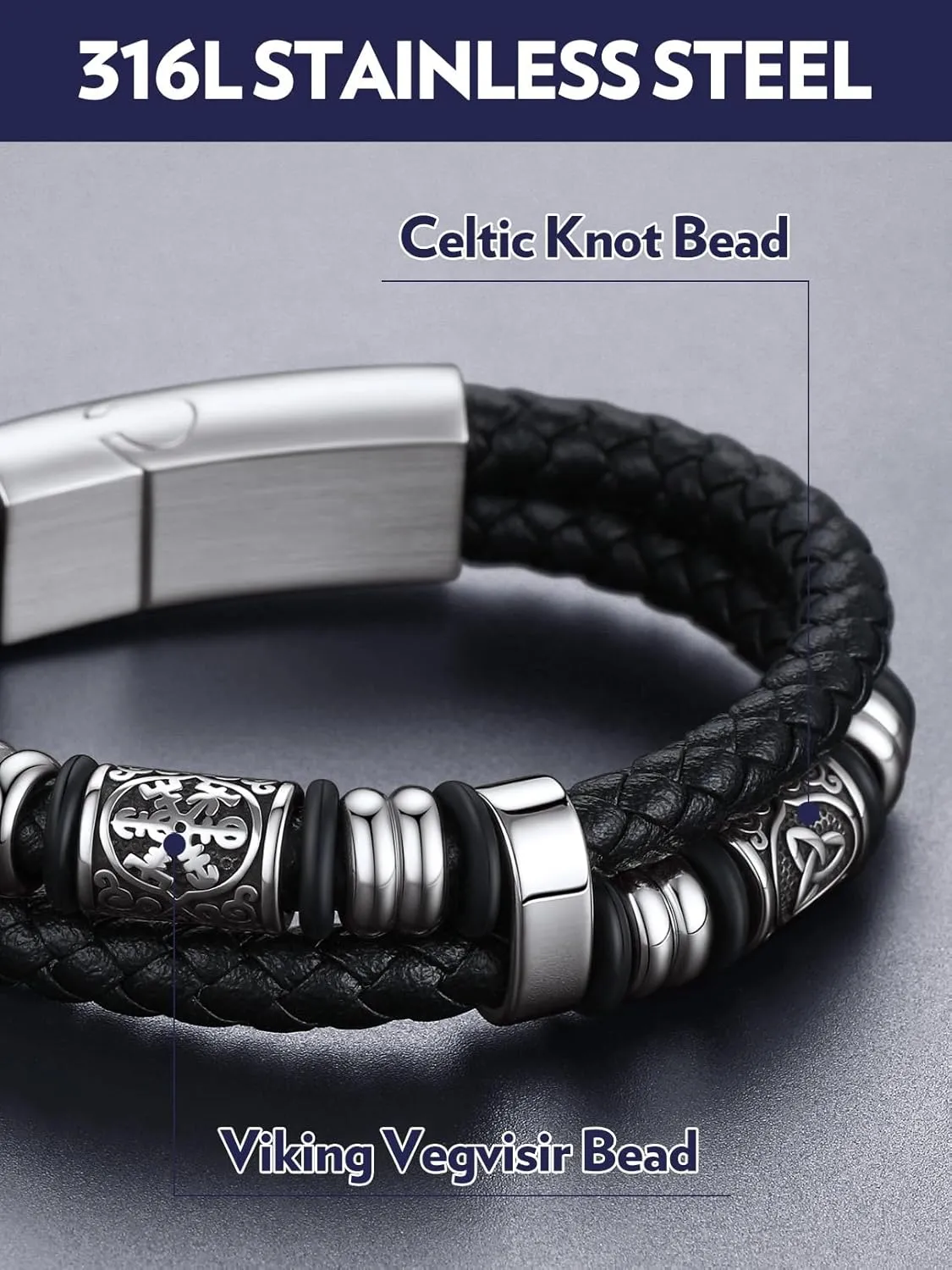 Bandmax Mens Double Row Black Braided Leather Wristband Stainless Steel Beaded Double Layer Leather Cord Wristband Bangle Gift for Men