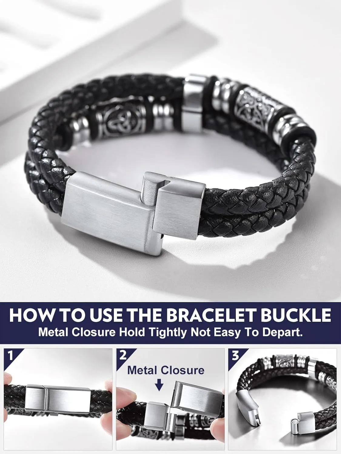 Bandmax Mens Double Row Black Braided Leather Wristband Stainless Steel Beaded Double Layer Leather Cord Wristband Bangle Gift for Men