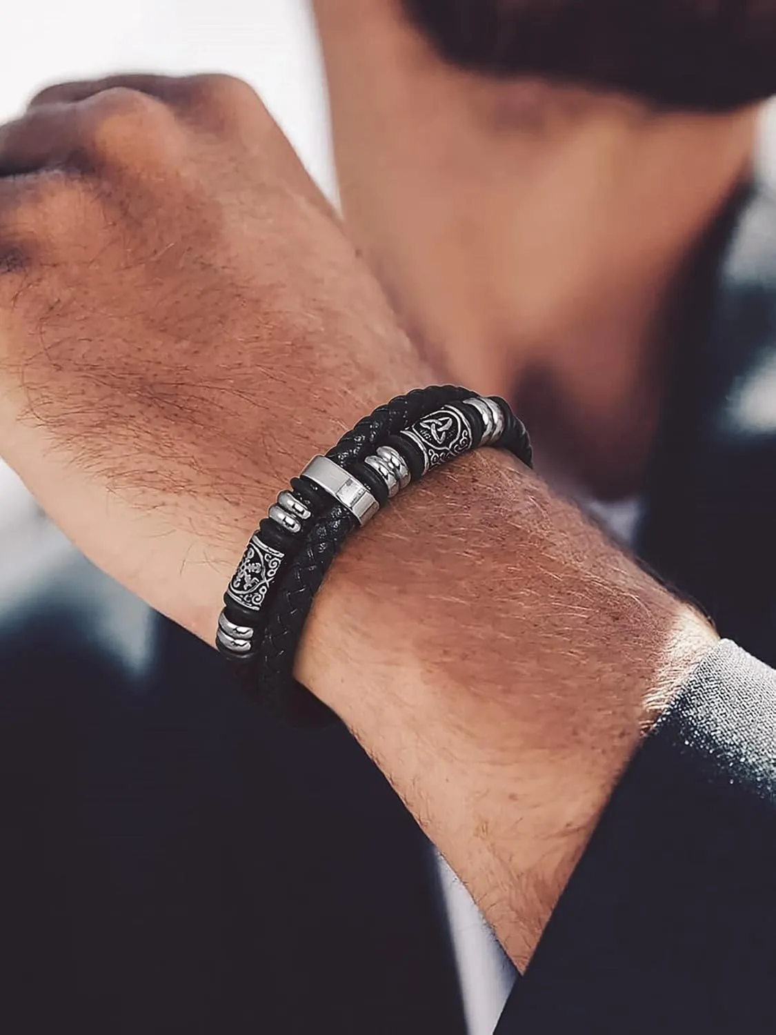Bandmax Mens Double Row Black Braided Leather Wristband Stainless Steel Beaded Double Layer Leather Cord Wristband Bangle Gift for Men