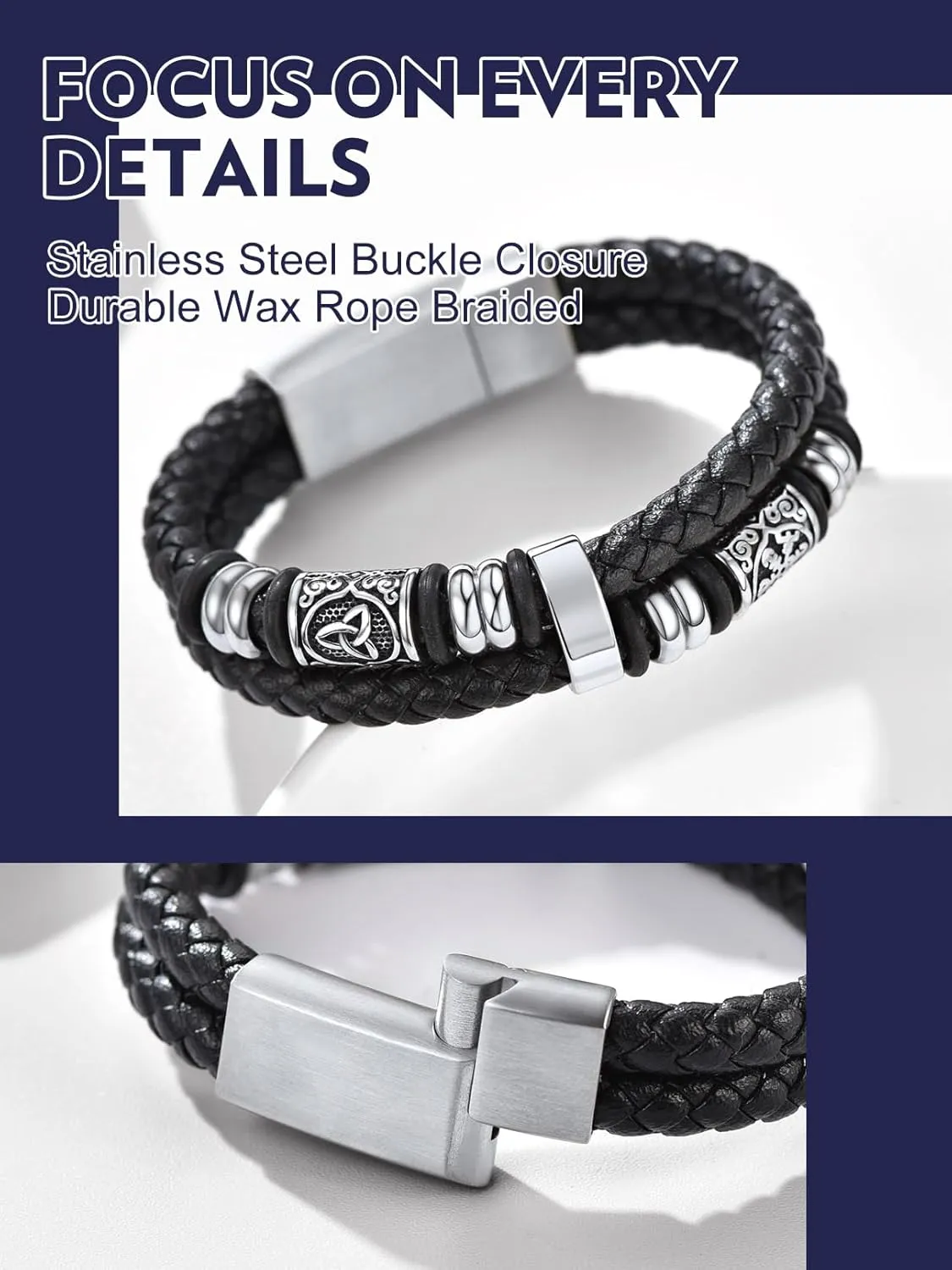 Bandmax Mens Double Row Black Braided Leather Wristband Stainless Steel Beaded Double Layer Leather Cord Wristband Bangle Gift for Men