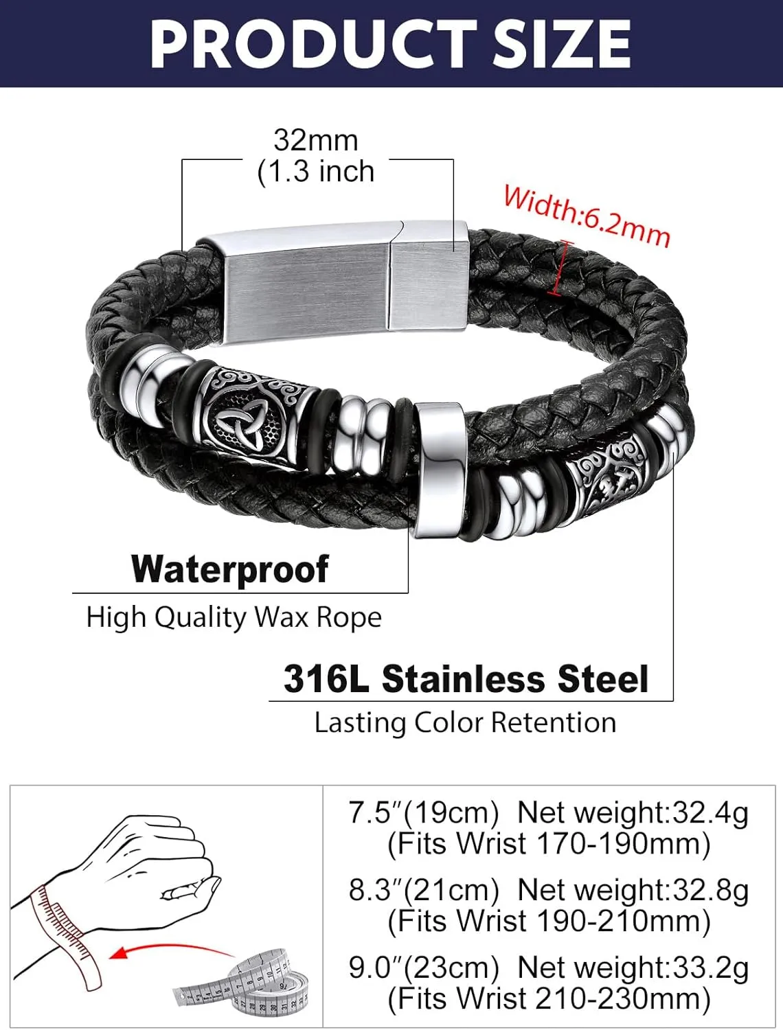 Bandmax Mens Double Row Black Braided Leather Wristband Stainless Steel Beaded Double Layer Leather Cord Wristband Bangle Gift for Men