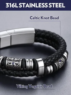 Bandmax Mens Double Row Black Braided Leather Wristband Stainless Steel Beaded Double Layer Leather Cord Wristband Bangle Gift for Men