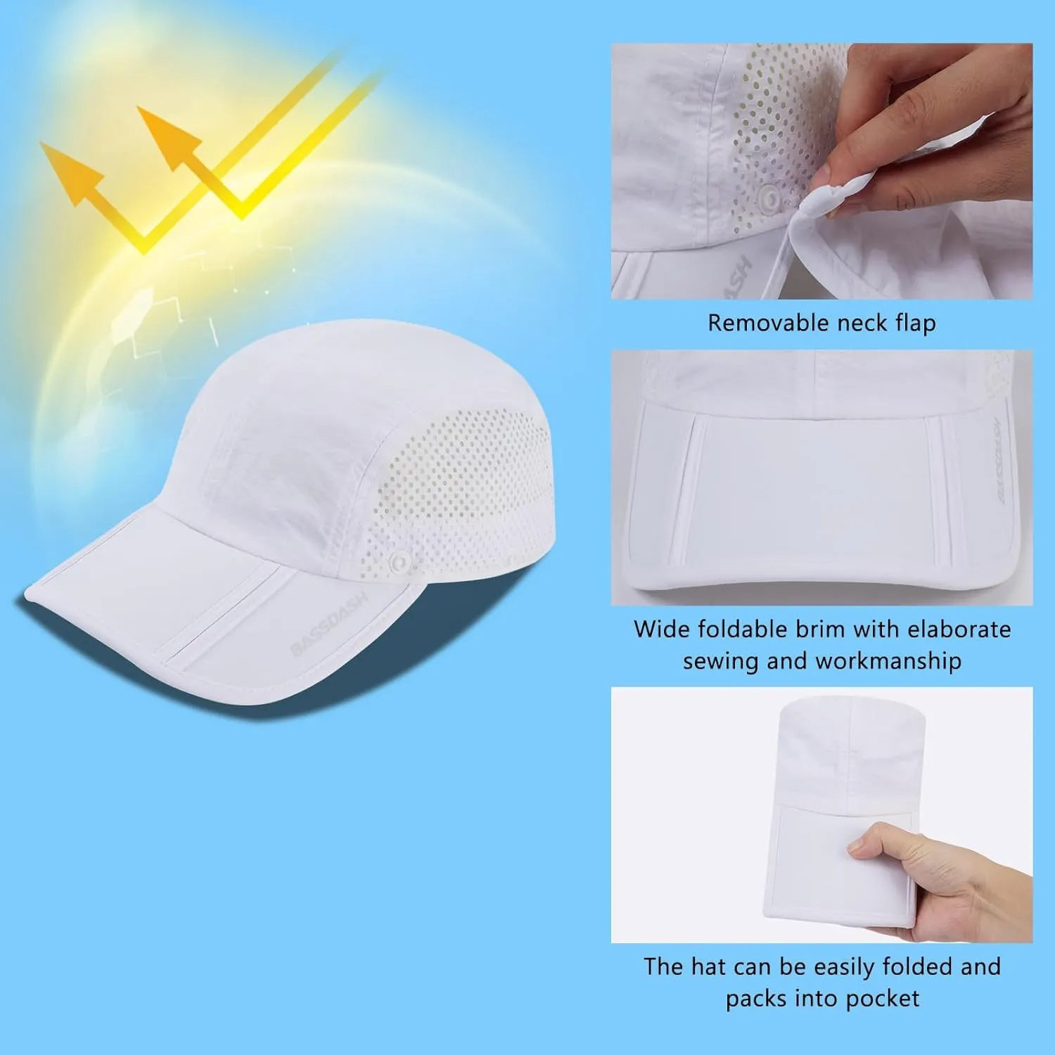 BASSDASH UPF 50  Foldable Fishing Hat Baseball Cap with Removable Neck Flap Portable for Men Women Golf Hiking