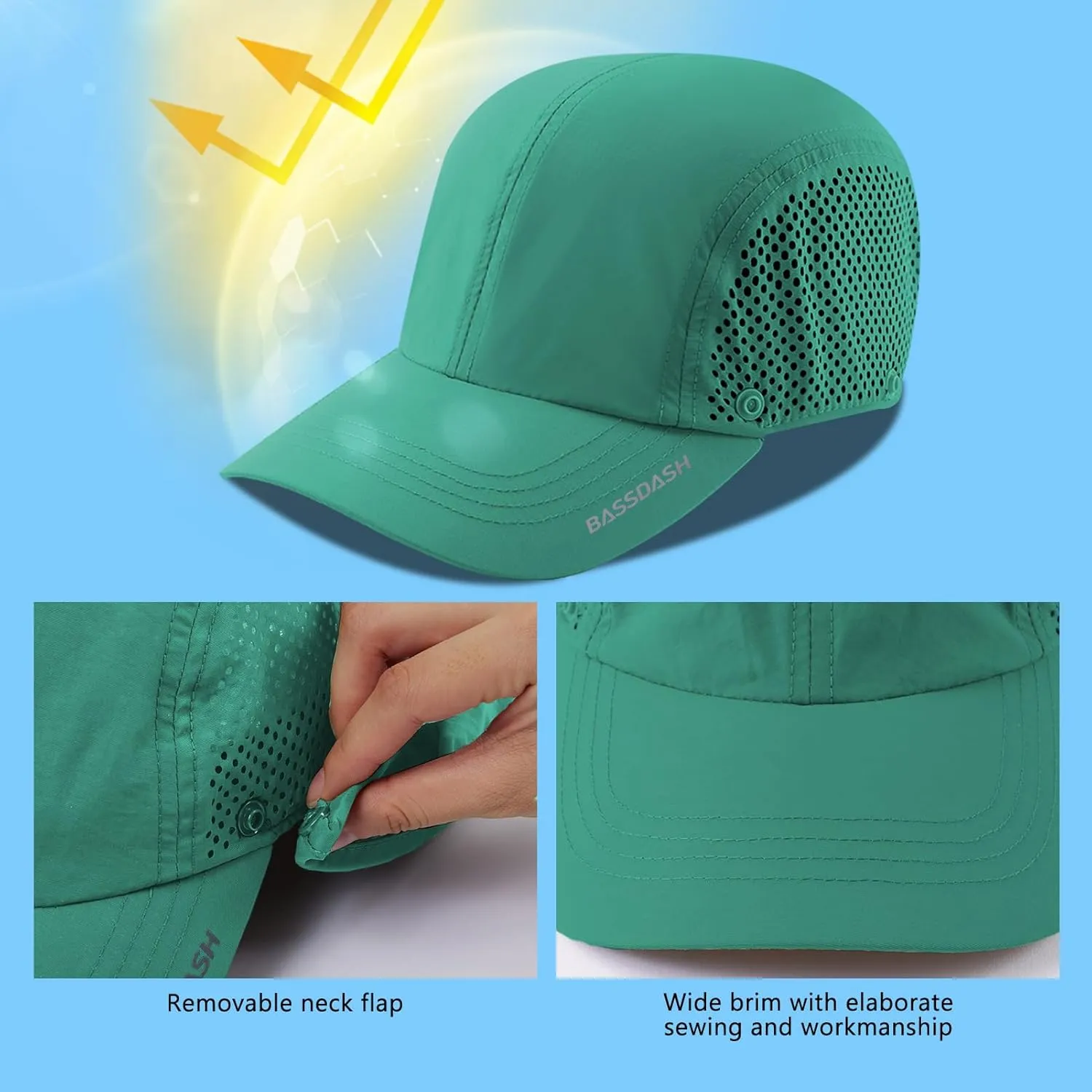 BASSDASH UPF 50  Foldable Fishing Hat Baseball Cap with Removable Neck Flap Portable for Men Women Golf Hiking