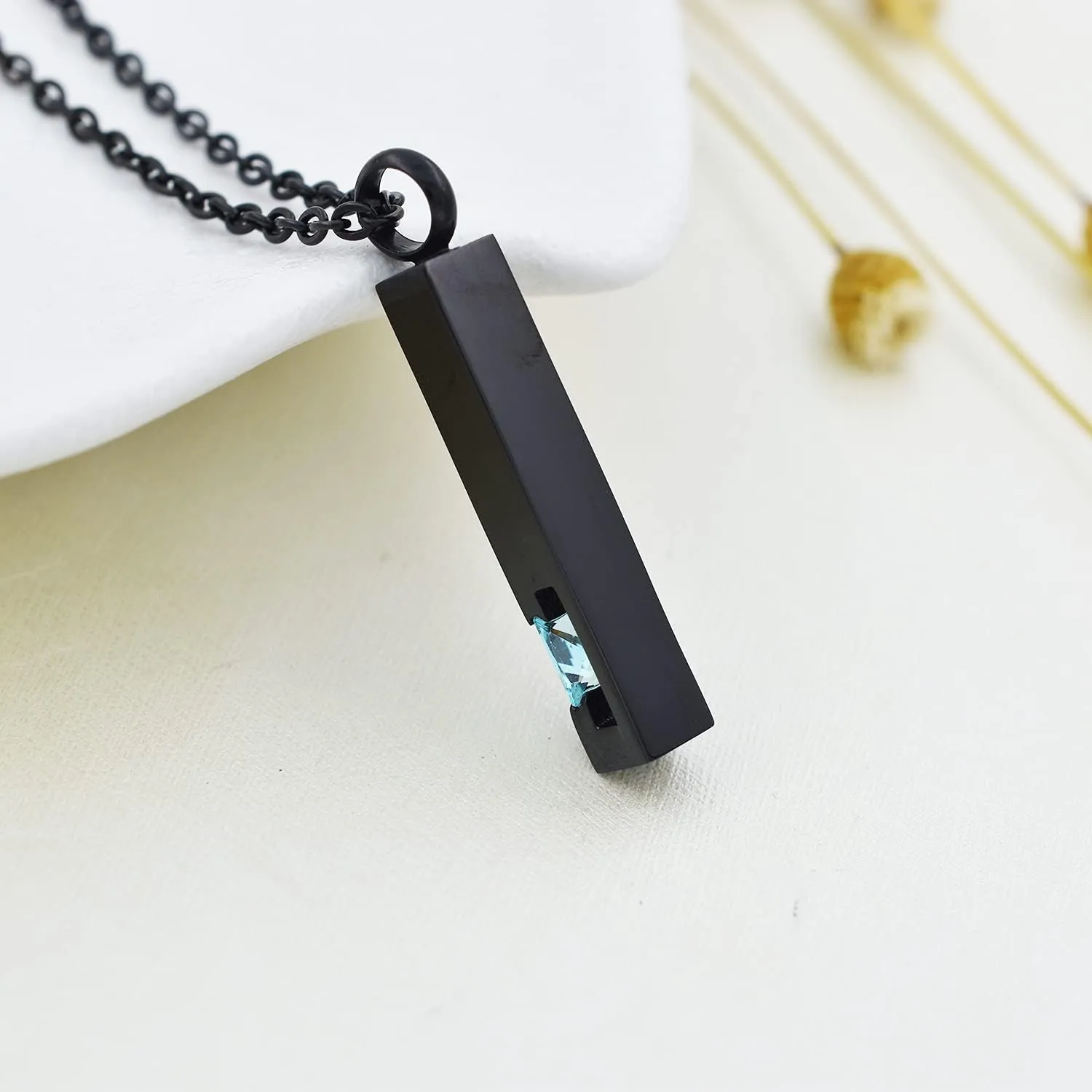 Black Plating Crystal Bar Cremation Jewelry for Ashes Pendant Stainless Steel Keepsake Memorial Urn Necklace for Women Men