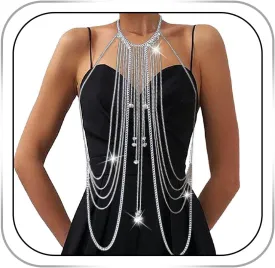 CanB Body Chain Necklace Flower Lace Body Chain Layered Tassel Body Crossover Harness Sexy Body Accessories for Women and Girls