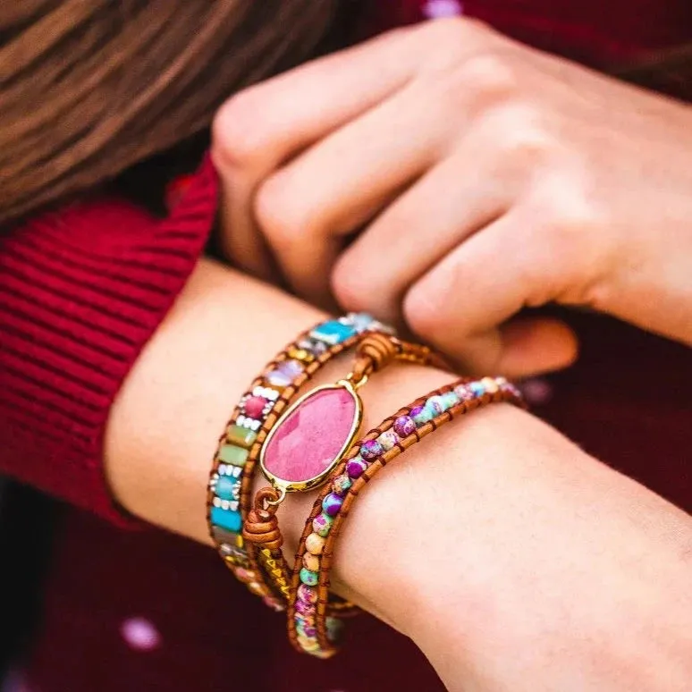 Cape Diablo - Beaded Wrap Bracelet, Healing Rhodochrosite