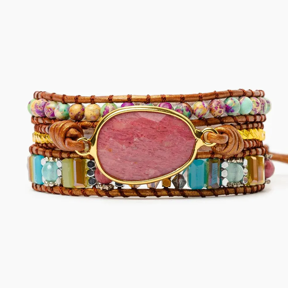 Cape Diablo - Beaded Wrap Bracelet, Healing Rhodochrosite