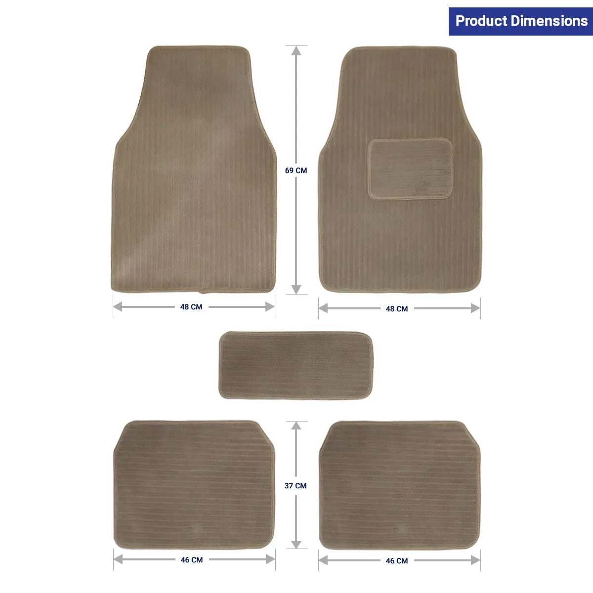 Carpet Style Universal Car Floor Foot Mats for All 5 Seater Cars, Beige Color Anti Slip Car Try Mat, Complete Set of 5 Piece, Premium Series