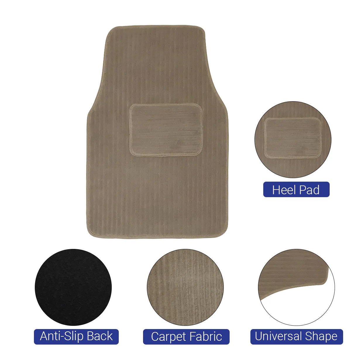Carpet Style Universal Car Floor Foot Mats for All 5 Seater Cars, Beige Color Anti Slip Car Try Mat, Complete Set of 5 Piece, Premium Series
