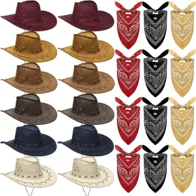 Cindeer 24 Pcs Western Cowboy Hats with Polyester Bandanas Western Cap Suede Leather Hat and Square Bandanas Scarf for Adult