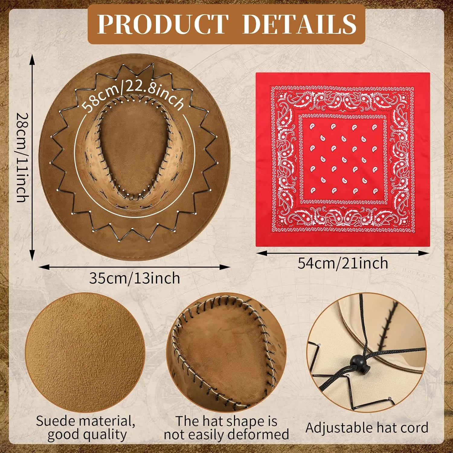 Cindeer 24 Pcs Western Cowboy Hats with Polyester Bandanas Western Cap Suede Leather Hat and Square Bandanas Scarf for Adult