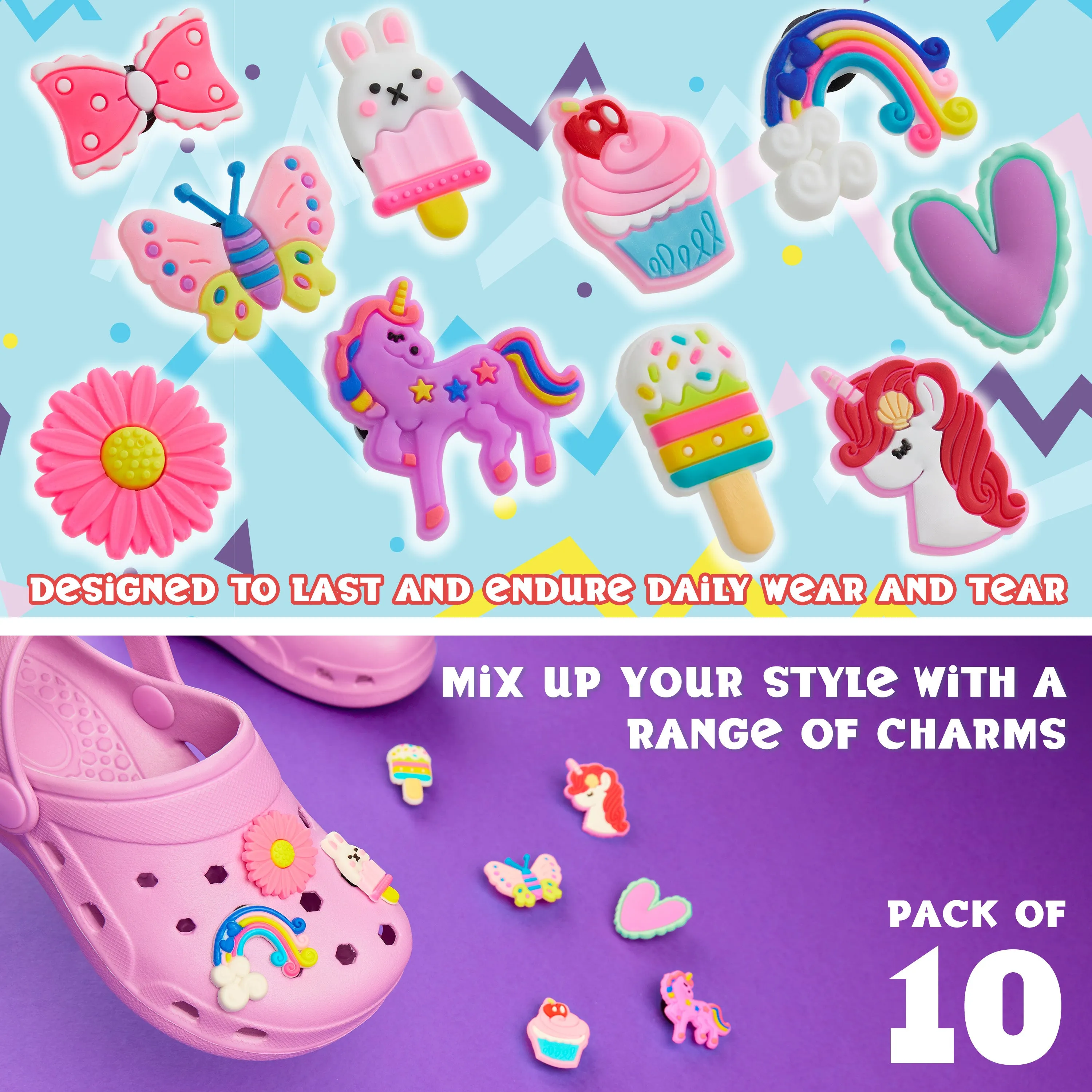 CityComfort Clog Charms, Cute Shoe Decoration Charms Pack of 10 - PINK/PURPLE