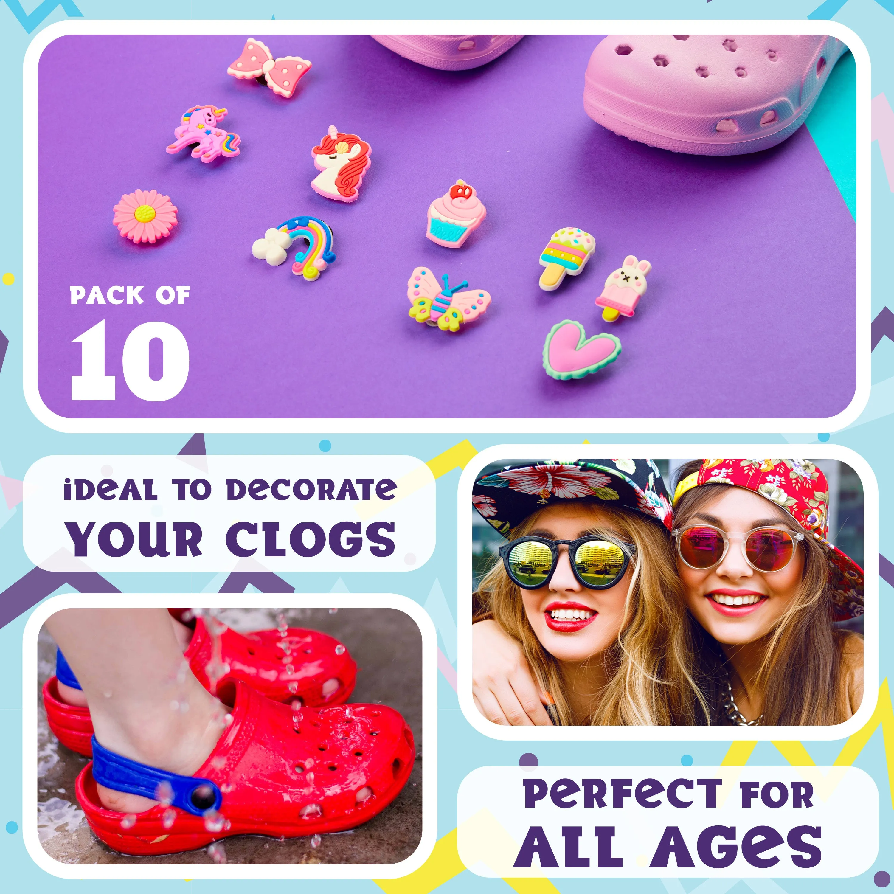 CityComfort Clog Charms, Cute Shoe Decoration Charms Pack of 10 - PINK/PURPLE