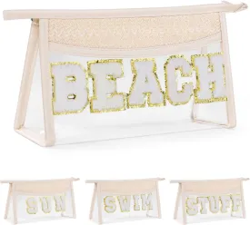 Etercycle Boho Patch BEACH Makeup Bag, Clear PVC Travel Toiletry Bag Waterproof Beach Bags for Women, Small Chenille Letter Bag With Zipper for Beach Travel Essentials