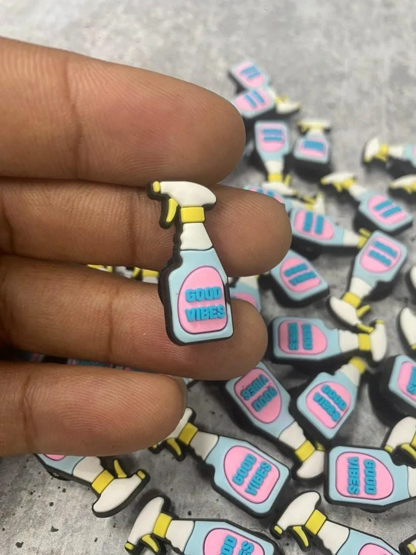 Exclusive 1-pc "Good Vibes" Spray Bottle Croc Charm; Symbolic Statement Charms for Clogs;  Cute Charm for Shoes and Silicone Bracelets