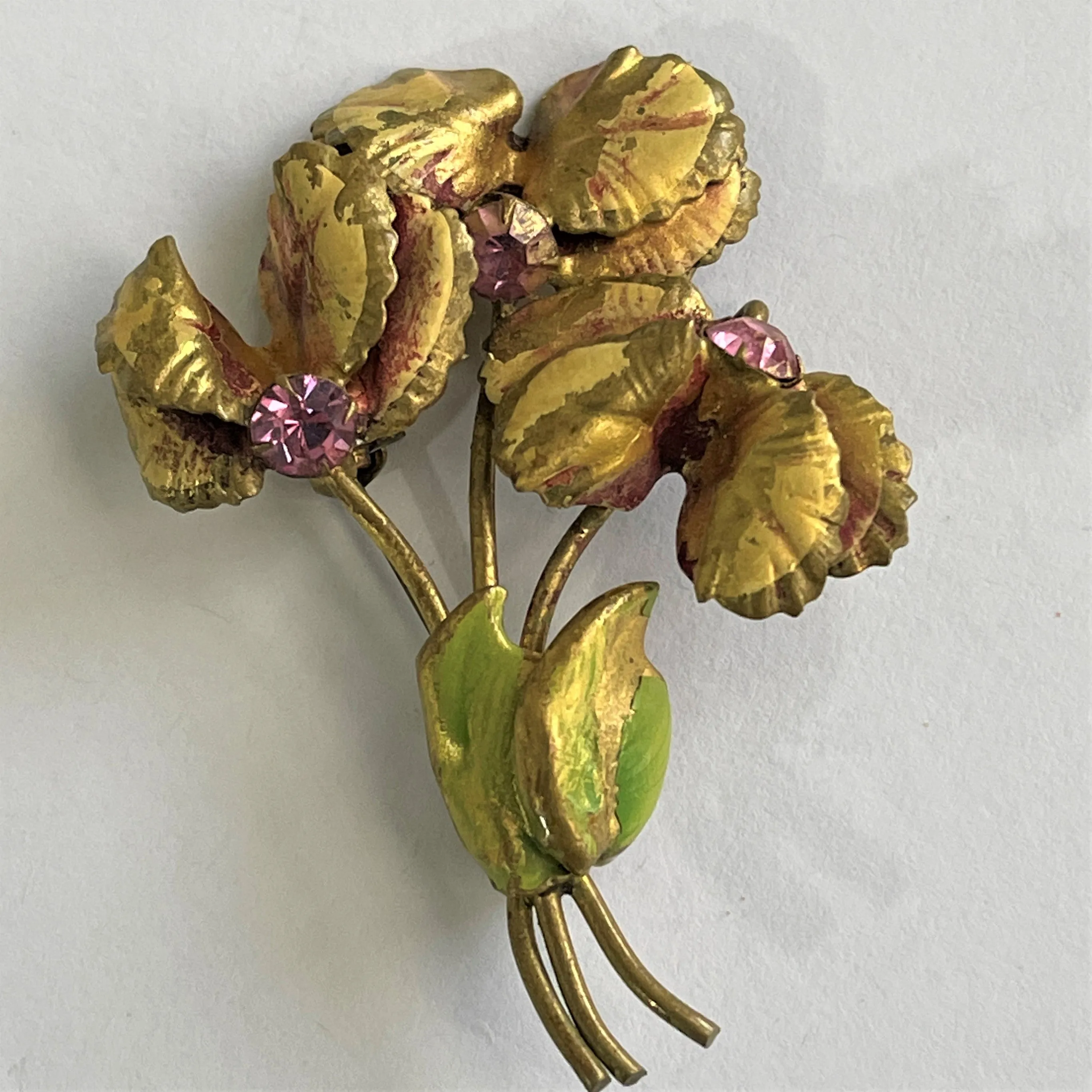 Floral Brooch With Pink Rhinestones