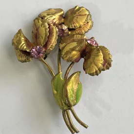 Floral Brooch With Pink Rhinestones