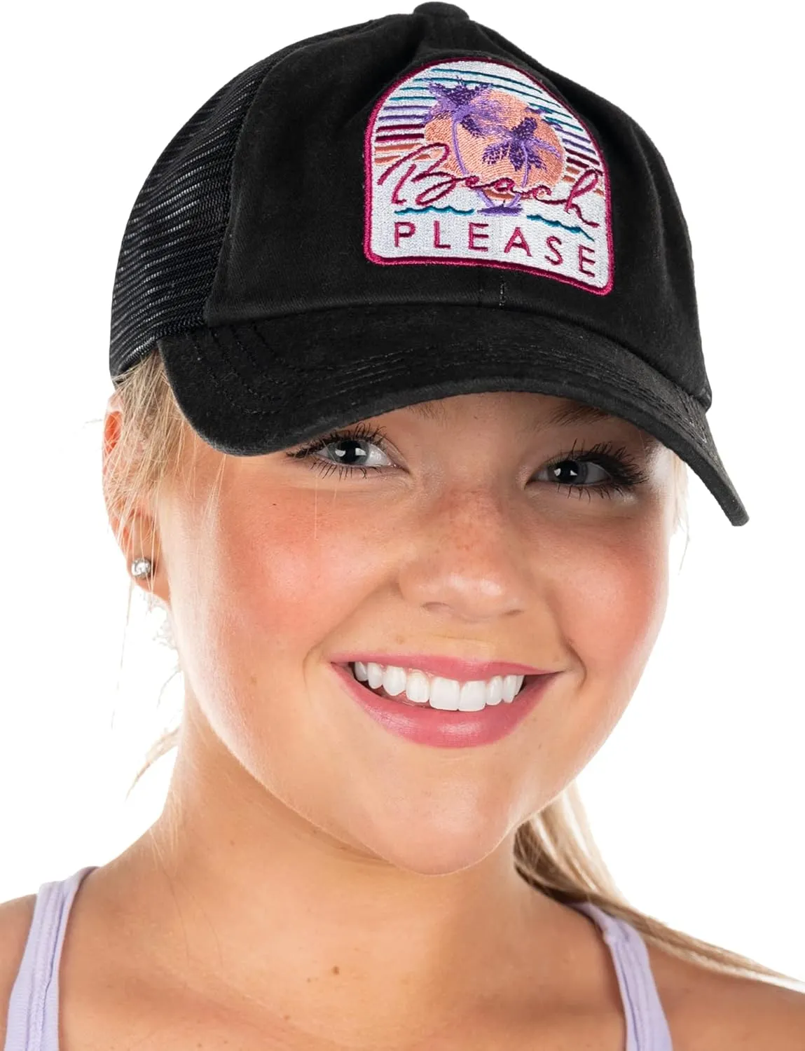 Funky Junque Women's Distressed Ponytail Mesh Trucker Cap - Criss Cross Elastic Bands