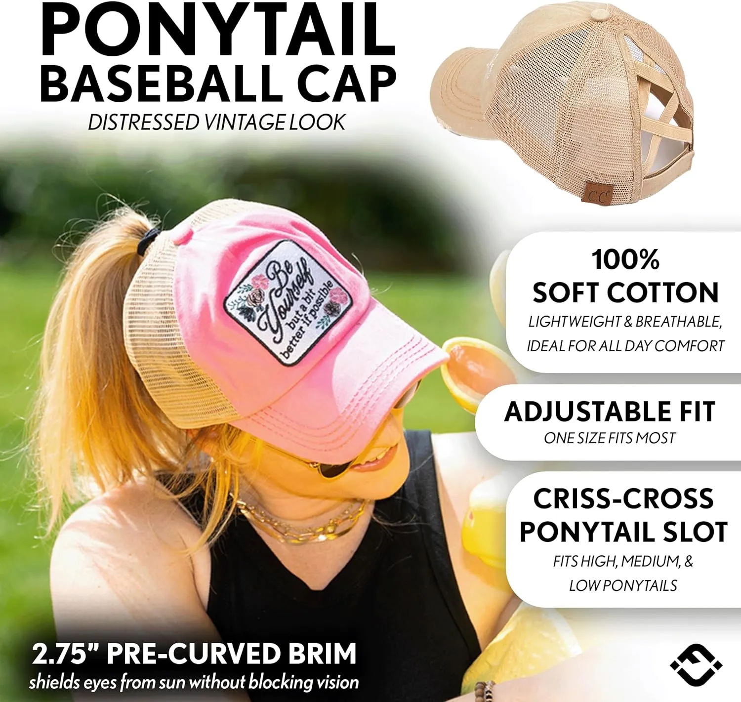Funky Junque Women's Distressed Ponytail Mesh Trucker Cap - Criss Cross Elastic Bands