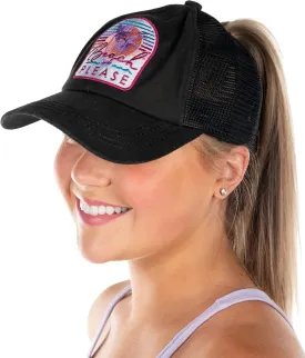 Funky Junque Women's Distressed Ponytail Mesh Trucker Cap - Criss Cross Elastic Bands
