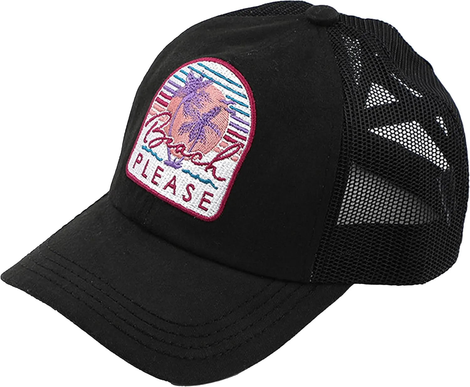 Funky Junque Women's Distressed Ponytail Mesh Trucker Cap - Criss Cross Elastic Bands