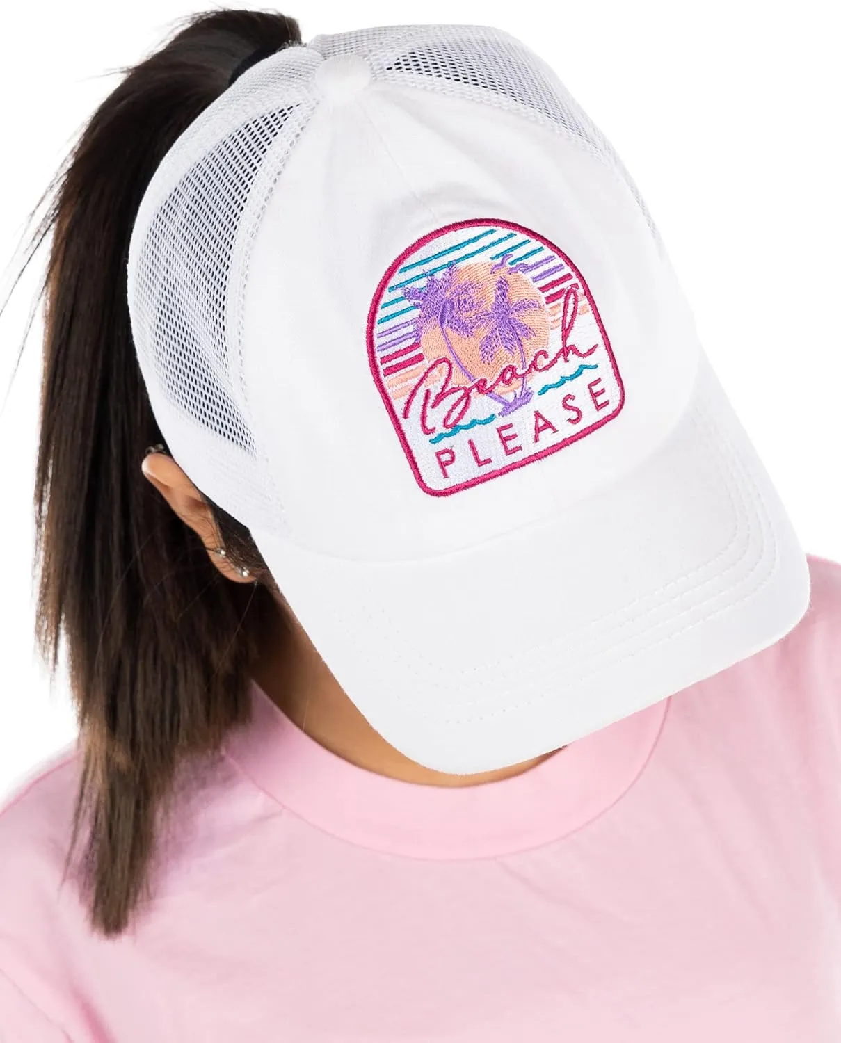 Funky Junque Women's Distressed Ponytail Mesh Trucker Cap - Criss Cross Elastic Bands