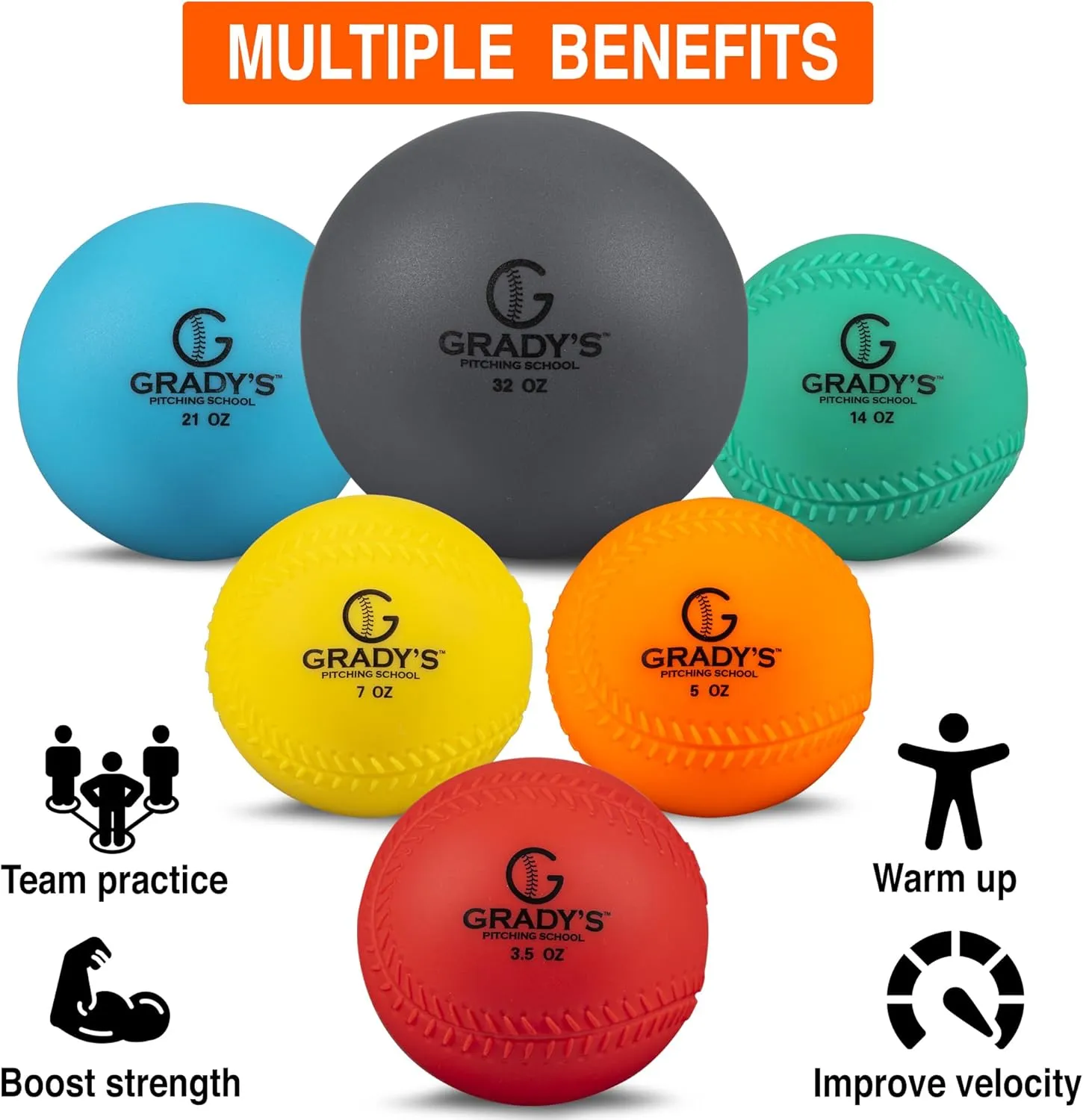 Grady's Pitching School Weighted Velocity Training Ball Set  Seam & Seamless Options for Pitching & Arm Strength   Set of 6 Balls   Carrying Case
