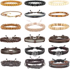 HANPABUM 18pcs Braided Leather Bracelets for Men Women Woven Cuff Wrap Bracelet Wood Beads Ethnic Tribal Bracelets Adjustable