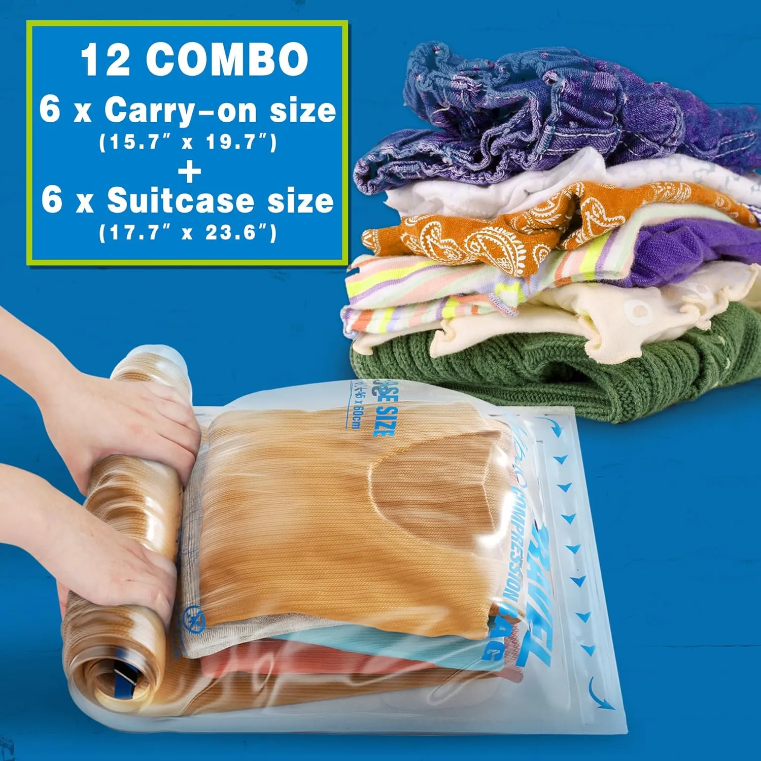 HIBAG 12 Compression Bags for Travel, Vacuum Packing Space Saver Zipper Bags for Cruise Accessories (12-Travel)
