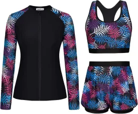 JASAMBAC Women's 3 Piece Rash Guard Long Sleeve Swimsuits with Boyshorts Zip Up UPF 50  Swim Shirt Built in Bra
