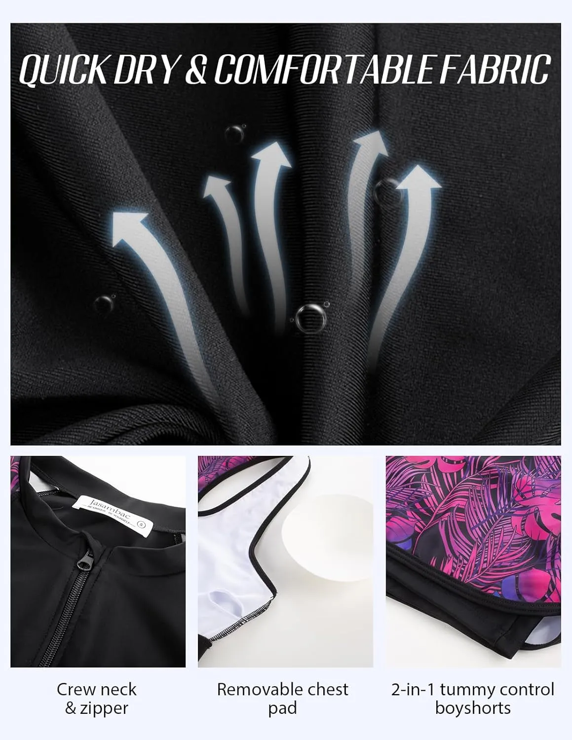 JASAMBAC Women's 3 Piece Rash Guard Long Sleeve Swimsuits with Boyshorts Zip Up UPF 50  Swim Shirt Built in Bra