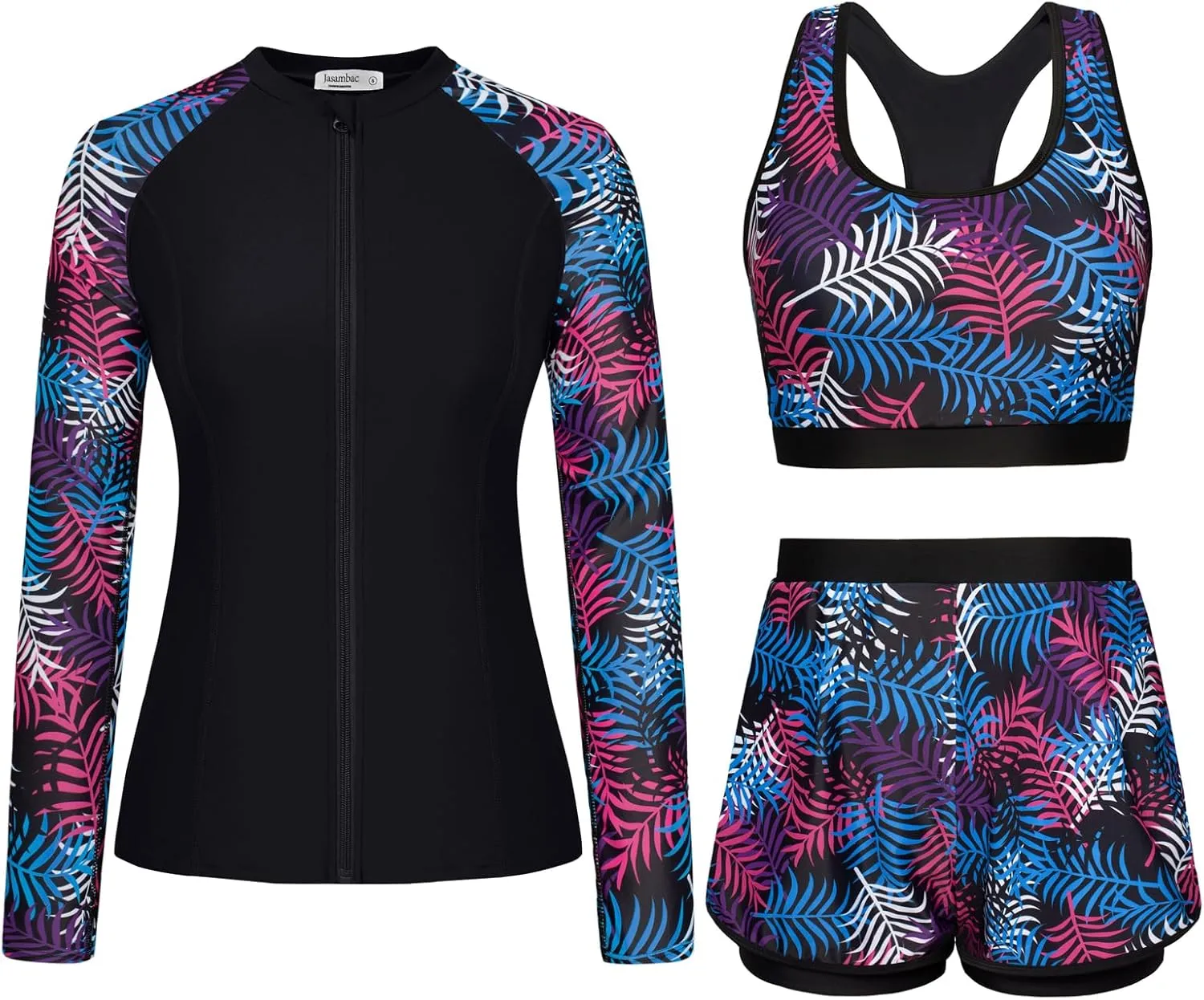 JASAMBAC Women's 3 Piece Rash Guard Long Sleeve Swimsuits with Boyshorts Zip Up UPF 50  Swim Shirt Built in Bra