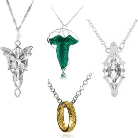 JinYu 4 Set Green Tree Leaf Enamel Pins Brooch Pendant Necklace Engraved Gold Tone The Ring Pendant Necklace for Fans Cosplay Costume Jewelry