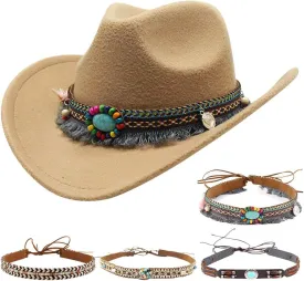 Kids Girls Boys Cowboy Hat Wide Brim Western Toddler Cowgirl Hat with Four Decorative Bands Felt Fedora Hat