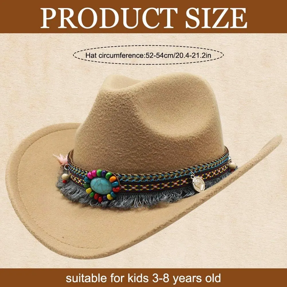 Kids Girls Boys Cowboy Hat Wide Brim Western Toddler Cowgirl Hat with Four Decorative Bands Felt Fedora Hat