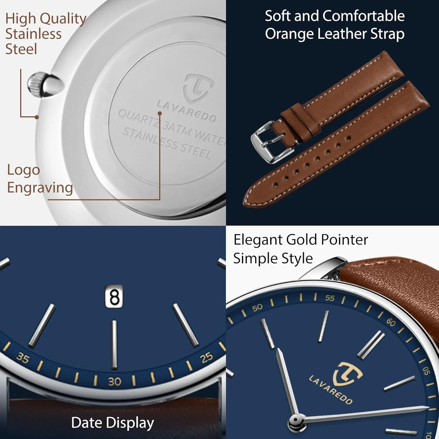L LAVAREDO Watch for Men, Extremely Thin Mens Watches Minimalist Analog Men's Leather Wrist Watches with Time/Date, Birthday Gift for Men Boyfriend