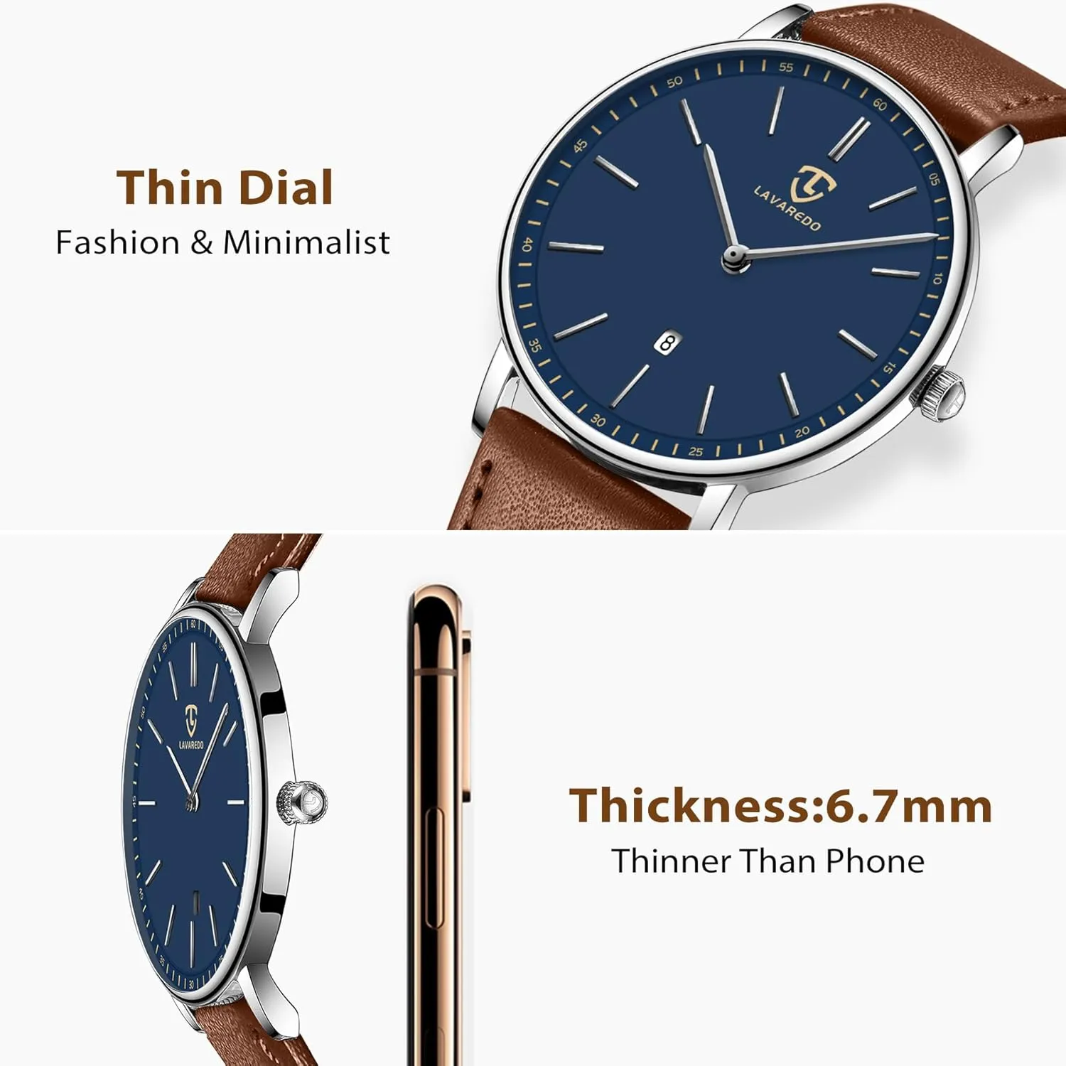L LAVAREDO Watch for Men, Extremely Thin Mens Watches Minimalist Analog Men's Leather Wrist Watches with Time/Date, Birthday Gift for Men Boyfriend