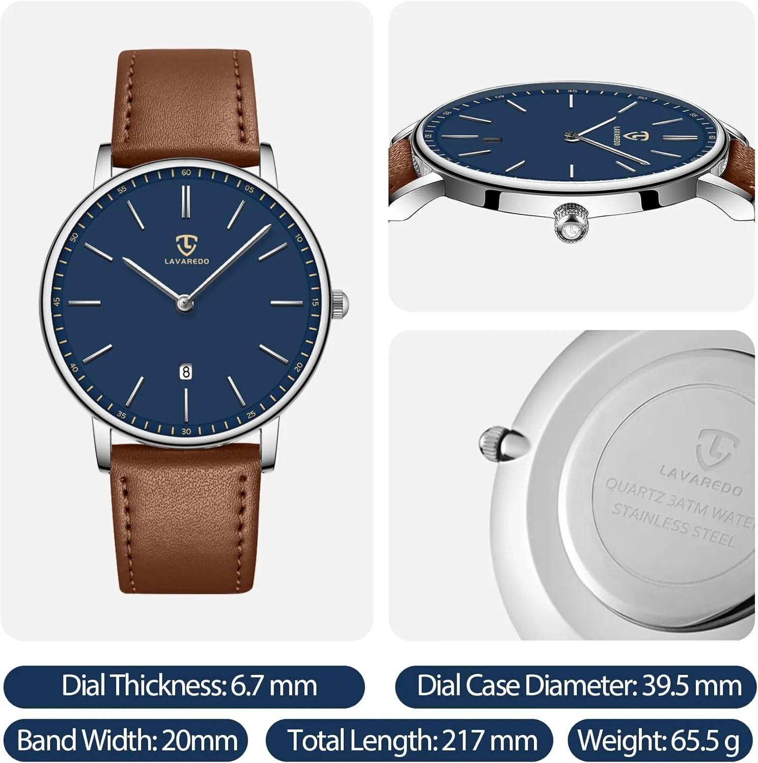 L LAVAREDO Watch for Men, Extremely Thin Mens Watches Minimalist Analog Men's Leather Wrist Watches with Time/Date, Birthday Gift for Men Boyfriend