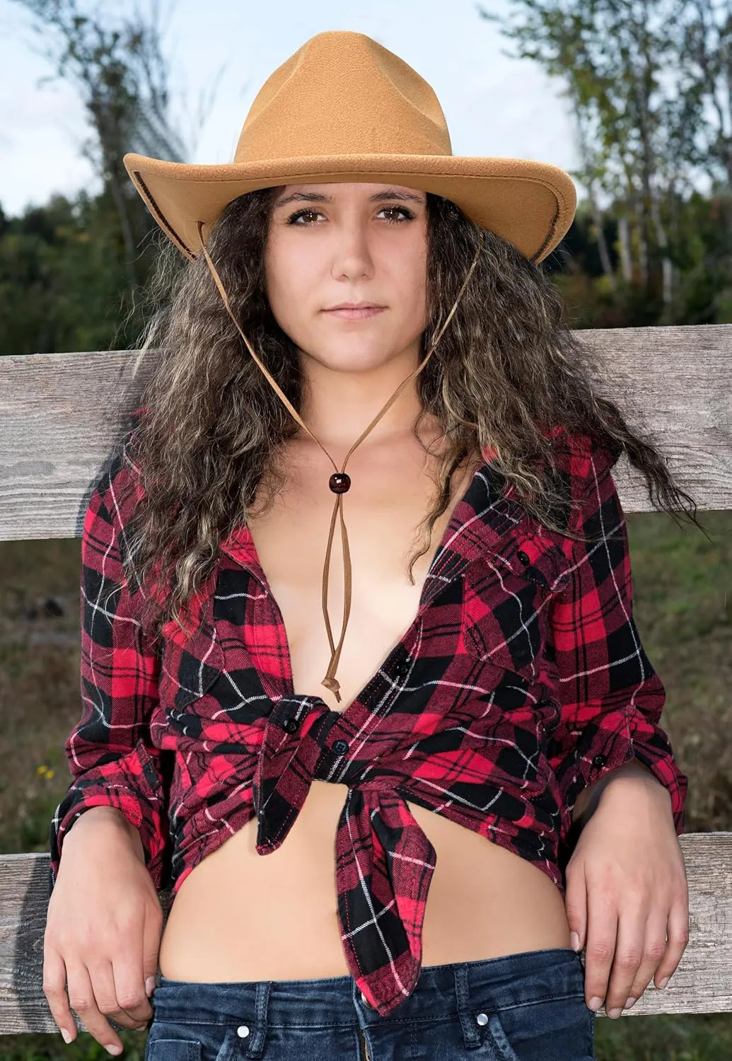 Lanzom Women Men Retro Felt Wide Brim Western Cowboy Cowgirl Hat Dress Up Hat with Wind Lanyard